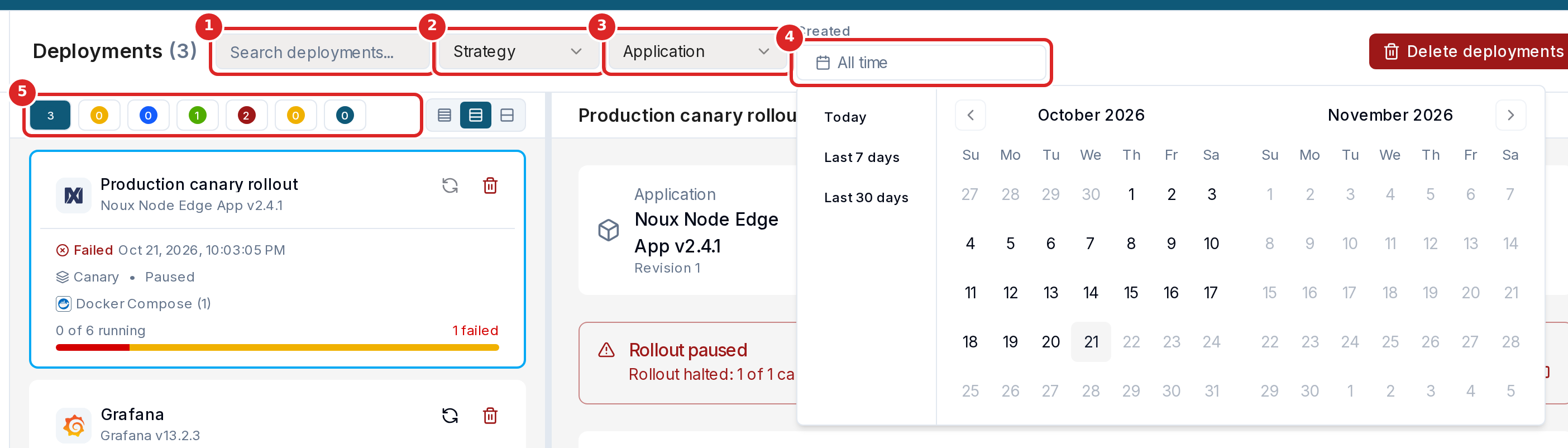 The filters of the Deployments page, with the date range open