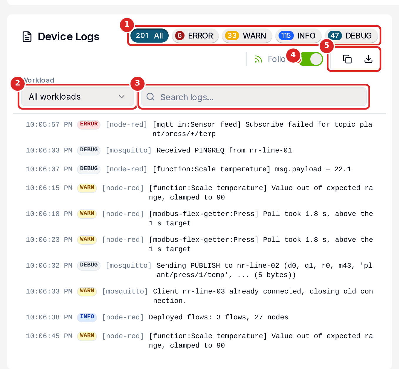 The Device Logs card with its filters
