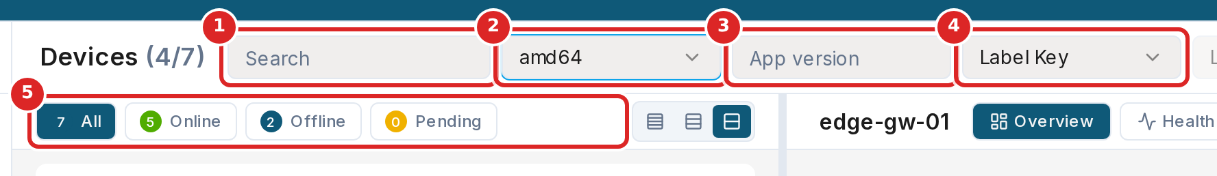 The search box and the filters of the Devices page