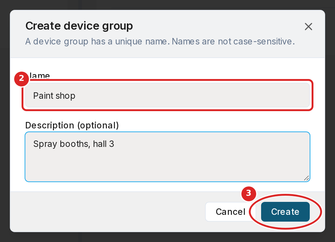 The Create device group dialog