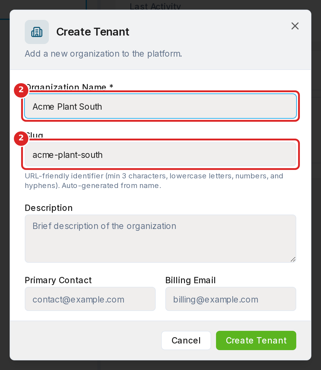 The Create Tenant dialog